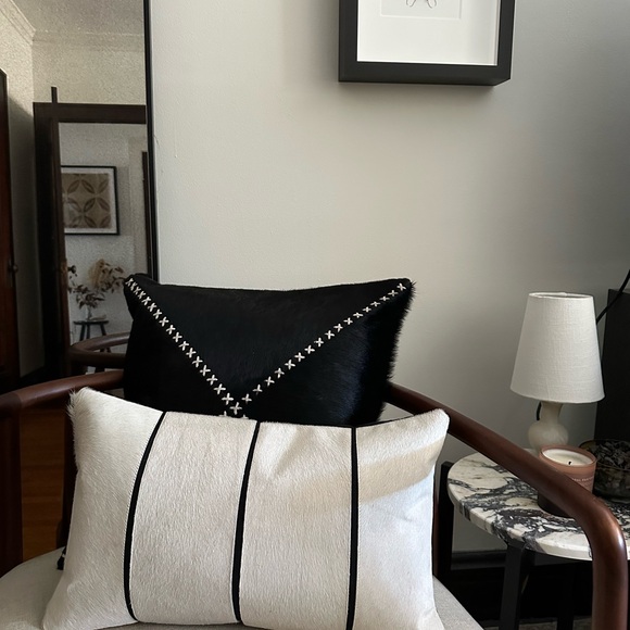 New Arhaus Black white hair on hide leather pillow cover linen suede whipstitch - Picture 13 of 16